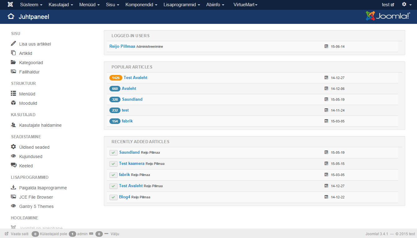 Joomla administraatori juhtpaneel